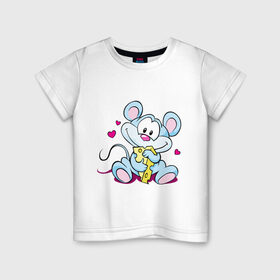Детская футболка хлопок с принтом Влюбленный в сыр мышенок (2) в Курске, 100% хлопок | круглый вырез горловины, полуприлегающий силуэт, длина до линии бедер | мышка | мышонок | мышь | сыр