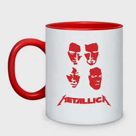 Кружка двухцветная с принтом Metallica kvartet (5) в Курске, керамика | объем — 330 мл, диаметр — 80 мм. Цветная ручка и кайма сверху, в некоторых цветах — вся внутренняя часть | Тематика изображения на принте: металлика