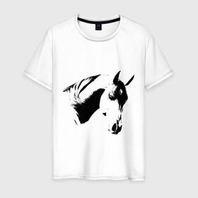 Мужская футболка хлопок с принтом Лошадь черно-белая (5) в Курске, 100% хлопок | прямой крой, круглый вырез горловины, длина до линии бедер, слегка спущенное плечо. | конь | лошадка | лошадь | лошадь черно белая