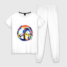 Женская пижама хлопок с принтом John Lennon - Peace в Курске, 100% хлопок | брюки и футболка прямого кроя, без карманов, на брюках мягкая резинка на поясе и по низу штанин | 60е | lennon | mc cartney | битлз | битлс | битлы | леннон | ленон | маккартни | ретро
