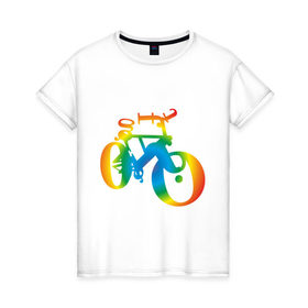 Женская футболка хлопок с принтом Велобуквы полноцвет в Курске, 100% хлопок | прямой крой, круглый вырез горловины, длина до линии бедер, слегка спущенное плечо | Тематика изображения на принте: алфавит | буквы | велосипед