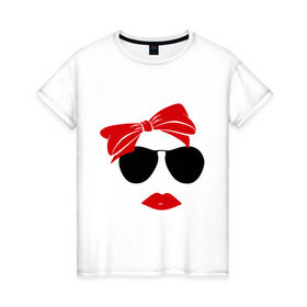 Женская футболка хлопок с принтом Vintage в Курске, 100% хлопок | прямой крой, круглый вырез горловины, длина до линии бедер, слегка спущенное плечо | бант | винтаж | губы | девушка | лицо | очки | помада