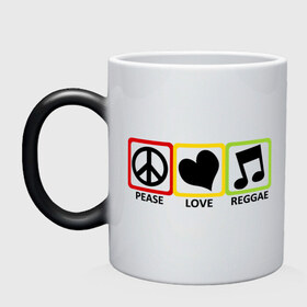 Кружка хамелеон с принтом Peace, Love, Reggae в Курске, керамика | меняет цвет при нагревании, емкость 330 мл | reggae | знаки | люблю регги | любовь | меломан | наслажение | нота | регги