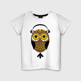 Детская футболка хлопок с принтом Сова в наушниках в Курске, 100% хлопок | круглый вырез горловины, полуприлегающий силуэт, длина до линии бедер | сова
