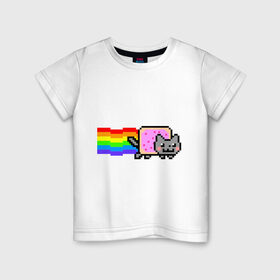 Детская футболка хлопок с принтом Nyan Cat в Курске, 100% хлопок | круглый вырез горловины, полуприлегающий силуэт, длина до линии бедер | nyan cat | интернет приколы | кошка | нян кэт