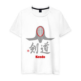 Мужская футболка хлопок с принтом Кендо маска иероглиф в Курске, 100% хлопок | прямой крой, круглый вырез горловины, длина до линии бедер, слегка спущенное плечо. | Тематика изображения на принте: kendo | иероглиф | кендо | кендо иероглиф | лого | маска
