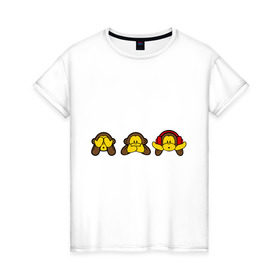 Женская футболка хлопок с принтом три обезьяны в Курске, 100% хлопок | прямой крой, круглый вырез горловины, длина до линии бедер, слегка спущенное плечо | животные | макаки | обезьяна | обязьяны | шимпонзде