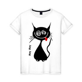 Женская футболка хлопок с принтом Кошка Мяу в Курске, 100% хлопок | прямой крой, круглый вырез горловины, длина до линии бедер, слегка спущенное плечо | кот | котенок | котик | кошка | кошка мяу | мяу | черная кошка | черный кот