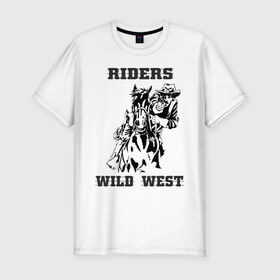 Мужская футболка премиум с принтом riders wild west в Курске, 92% хлопок, 8% лайкра | приталенный силуэт, круглый вырез ворота, длина до линии бедра, короткий рукав | всадник | дикий запад | ездок | ковбой | лошадь | наездник | револьвер | стрелок | стрелять | техас