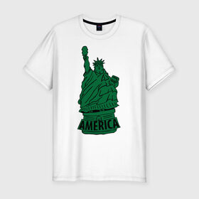 Мужская футболка премиум с принтом Америка (America) Толстая статуя свободы в Курске, 92% хлопок, 8% лайкра | приталенный силуэт, круглый вырез ворота, длина до линии бедра, короткий рукав | Тематика изображения на принте: new york | жирная | лишний вес | нью йорк | толстуха