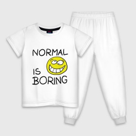 Детская пижама хлопок с принтом Normal is boring (Обыденность это скучно) в Курске, 100% хлопок |  брюки и футболка прямого кроя, без карманов, на брюках мягкая резинка на поясе и по низу штанин
 | normal is boring | smile | обыденность это скучно | позитив | смайл | смайлик | смайлы