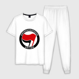 Мужская пижама хлопок с принтом Antifa (1) в Курске, 100% хлопок | брюки и футболка прямого кроя, без карманов, на брюках мягкая резинка на поясе и по низу штанин
 | Тематика изображения на принте: antifa | антифа | антифашизм | антифашистское движение | знак антифа | против фашизма | фашизм