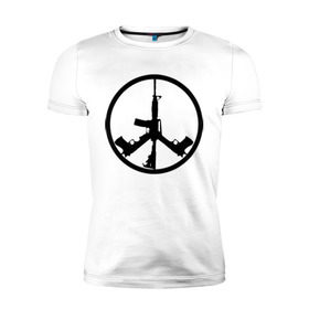 Мужская футболка премиум с принтом Мир из оружия в Курске, 92% хлопок, 8% лайкра | приталенный силуэт, круглый вырез ворота, длина до линии бедра, короткий рукав | автомат | ак | знак | мир | оружие | пацифика | пистолет | символ мираб ак 47