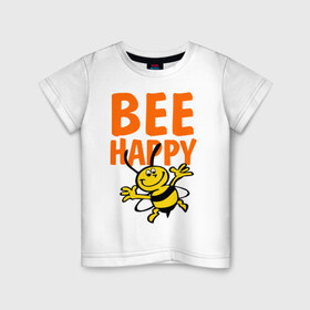 Детская футболка хлопок с принтом BeeHappy в Курске, 100% хлопок | круглый вырез горловины, полуприлегающий силуэт, длина до линии бедер | Тематика изображения на принте: веселая | насекомое | настроение | позитив | пчела | пчелка | счастливый | счастье | эмоции