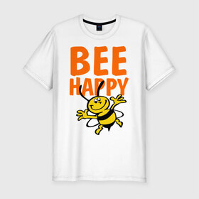 Мужская футболка премиум с принтом BeeHappy в Курске, 92% хлопок, 8% лайкра | приталенный силуэт, круглый вырез ворота, длина до линии бедра, короткий рукав | веселая | насекомое | настроение | позитив | пчела | пчелка | счастливый | счастье | эмоции