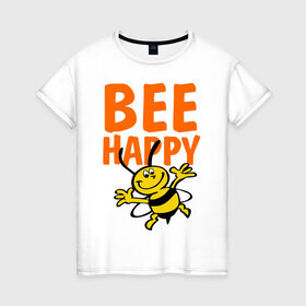 Женская футболка хлопок с принтом BeeHappy в Курске, 100% хлопок | прямой крой, круглый вырез горловины, длина до линии бедер, слегка спущенное плечо | веселая | насекомое | настроение | позитив | пчела | пчелка | счастливый | счастье | эмоции