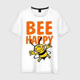 Мужская футболка хлопок с принтом BeeHappy в Курске, 100% хлопок | прямой крой, круглый вырез горловины, длина до линии бедер, слегка спущенное плечо. | веселая | насекомое | настроение | позитив | пчела | пчелка | счастливый | счастье | эмоции
