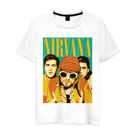 Мужская футболка хлопок с принтом Nirvana(3) в Курске, 100% хлопок | прямой крой, круглый вырез горловины, длина до линии бедер, слегка спущенное плечо. | Тематика изображения на принте: nirvana | nirvana лица | rock | нирвана | нирвана лица | рок | символика nirvana | символика нирвана