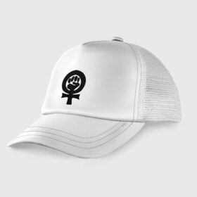 Детская кепка тракер с принтом эмблема феминизма в Курске, Козырек - 100% хлопок. Кепка - 100% полиэстер, Задняя часть - сетка | универсальный размер, пластиковая застёжка | женщины | кулак | мужчины | отношения | феминистка