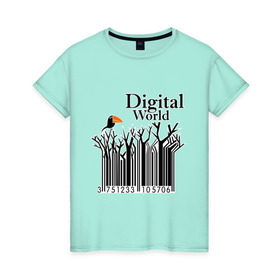 Женская футболка хлопок с принтом Digital World в Курске, 100% хлопок | прямой крой, круглый вырез горловины, длина до линии бедер, слегка спущенное плечо | digital world | деревья | птица | птичка | цифра | цифровой мир | штриф код | штрих код | штрихкод
