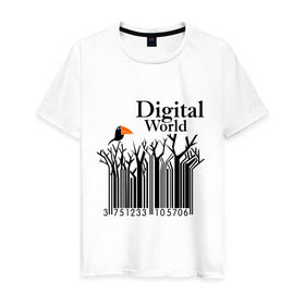 Мужская футболка хлопок с принтом Digital World в Курске, 100% хлопок | прямой крой, круглый вырез горловины, длина до линии бедер, слегка спущенное плечо. | digital world | деревья | птица | птичка | цифра | цифровой мир | штриф код | штрих код | штрихкод