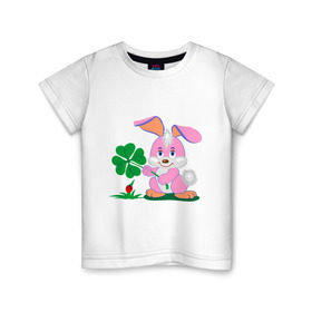 Детская футболка хлопок с принтом Зайка удача девочка в Курске, 100% хлопок | круглый вырез горловины, полуприлегающий силуэт, длина до линии бедер | детские | заяц | клевер | милые животные