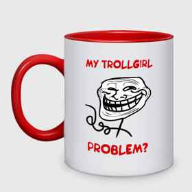 Кружка двухцветная с принтом Trollcouple (мужская) в Курске, керамика | объем — 330 мл, диаметр — 80 мм. Цветная ручка и кайма сверху, в некоторых цветах — вся внутренняя часть | face | my trollgirl | problem | troll | trollface | trollgirl | интернет  приколы | мем | мемы | мемы интернета | тролфейс | троль | трольгерл
