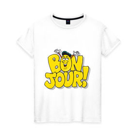 Женская футболка хлопок с принтом Bonjour - Привет! в Курске, 100% хлопок | прямой крой, круглый вырез горловины, длина до линии бедер, слегка спущенное плечо | bon jour | бон жур | смайл | француз