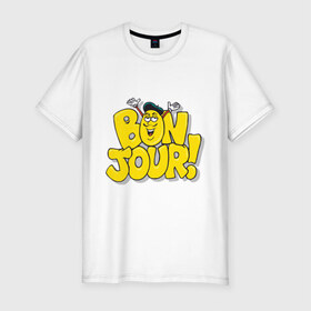 Мужская футболка премиум с принтом Bonjour - Привет! в Курске, 92% хлопок, 8% лайкра | приталенный силуэт, круглый вырез ворота, длина до линии бедра, короткий рукав | bon jour | бон жур | смайл | француз