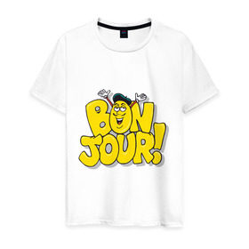 Мужская футболка хлопок с принтом Bonjour - Привет! в Курске, 100% хлопок | прямой крой, круглый вырез горловины, длина до линии бедер, слегка спущенное плечо. | bon jour | бон жур | смайл | француз