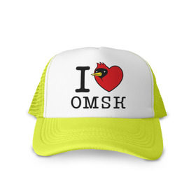 Кепка тракер с сеткой с принтом I love Omsk (Я люблю Омск) в Курске, трикотажное полотно; задняя часть — сетка | длинный козырек, универсальный размер, пластиковая застежка | i love omsk | город | омич | омская птица | птица | я люблю омск