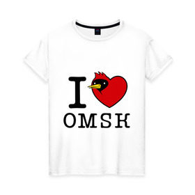 Женская футболка хлопок с принтом I love Omsk (Я люблю Омск) в Курске, 100% хлопок | прямой крой, круглый вырез горловины, длина до линии бедер, слегка спущенное плечо | i love omsk | город | омич | омская птица | птица | я люблю омск