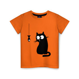 Детская футболка хлопок с принтом Кот и рыба в Курске, 100% хлопок | круглый вырез горловины, полуприлегающий силуэт, длина до линии бедер | киса | киска | котенок | котик | котэ | кошка | рыбка
