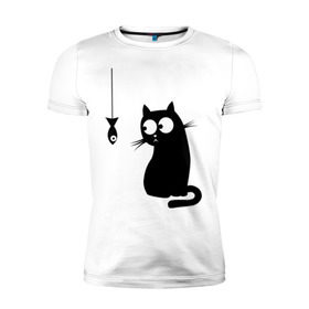Мужская футболка премиум с принтом Кот и рыба в Курске, 92% хлопок, 8% лайкра | приталенный силуэт, круглый вырез ворота, длина до линии бедра, короткий рукав | киса | киска | котенок | котик | котэ | кошка | рыбка