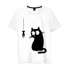 Мужская футболка хлопок с принтом Кот и рыба в Курске, 100% хлопок | прямой крой, круглый вырез горловины, длина до линии бедер, слегка спущенное плечо. | киса | киска | котенок | котик | котэ | кошка | рыбка