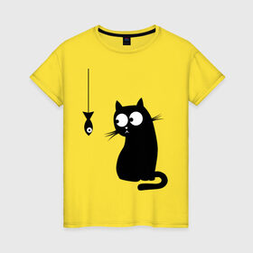 Женская футболка хлопок с принтом Кот и рыба в Курске, 100% хлопок | прямой крой, круглый вырез горловины, длина до линии бедер, слегка спущенное плечо | киса | киска | котенок | котик | котэ | кошка | рыбка