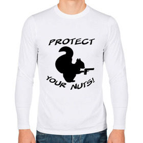 Мужской лонгслив хлопок с принтом Protect your nuts в Курске, 100% хлопок |  | Тематика изображения на принте: белка | белочка | вооруженная | защищай | зверь | орехи | оружие | пистолет | свои