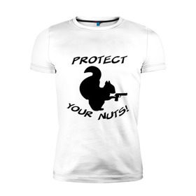 Мужская футболка премиум с принтом Protect your nuts в Курске, 92% хлопок, 8% лайкра | приталенный силуэт, круглый вырез ворота, длина до линии бедра, короткий рукав | белка | белочка | вооруженная | защищай | зверь | орехи | оружие | пистолет | свои