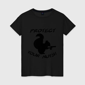 Женская футболка хлопок с принтом Protect your nuts в Курске, 100% хлопок | прямой крой, круглый вырез горловины, длина до линии бедер, слегка спущенное плечо | белка | белочка | вооруженная | защищай | зверь | орехи | оружие | пистолет | свои