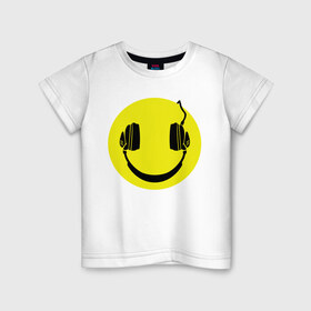 Детская футболка хлопок с принтом Смайлик-наушники в Курске, 100% хлопок | круглый вырез горловины, полуприлегающий силуэт, длина до линии бедер | smile | наушники | смайл | смайлик | смайлики | улыбка