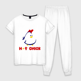 Женская пижама хлопок с принтом Hot Chick в Курске, 100% хлопок | брюки и футболка прямого кроя, без карманов, на брюках мягкая резинка на поясе и по низу штанин | горячая | курица | курочка | цыпленок | чика