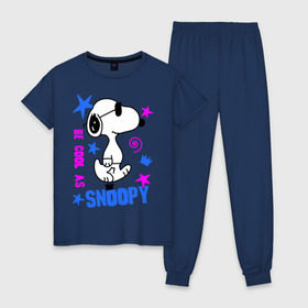 Женская пижама хлопок с принтом Be cool as Snoopy в Курске, 100% хлопок | брюки и футболка прямого кроя, без карманов, на брюках мягкая резинка на поясе и по низу штанин | Тематика изображения на принте: snoopy | будь крутым как снупи | мультик | мультики | мультфильмы | снупи | собачка снупи