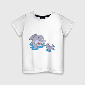 Детская футболка хлопок с принтом Плескание дельфина в Курске, 100% хлопок | круглый вырез горловины, полуприлегающий силуэт, длина до линии бедер | дельфин | дельфин в воде | животные | играющий кит | млекопитающие | рыбы