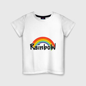 Детская футболка хлопок с принтом Радуга (надпись) в Курске, 100% хлопок | круглый вырез горловины, полуприлегающий силуэт, длина до линии бедер | rainbow | краски | радуга | цвета