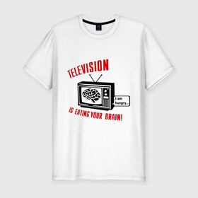 Мужская футболка премиум с принтом Телевидение ест твой мозг в Курске, 92% хлопок, 8% лайкра | приталенный силуэт, круглый вырез ворота, длина до линии бедра, короткий рукав | eating your brain | hungry | television | антенна | передача | программа | телевизор | телешоу | телик | ящик