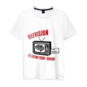 Мужская футболка хлопок с принтом Телевидение ест твой мозг в Курске, 100% хлопок | прямой крой, круглый вырез горловины, длина до линии бедер, слегка спущенное плечо. | eating your brain | hungry | television | антенна | передача | программа | телевизор | телешоу | телик | ящик