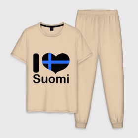 Мужская пижама хлопок с принтом Love Suomi в Курске, 100% хлопок | брюки и футболка прямого кроя, без карманов, на брюках мягкая резинка на поясе и по низу штанин
 | Тематика изображения на принте: suomi | курорты | курорты финляндии | люблю финляндию | отдых | финляндия