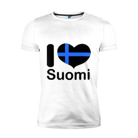 Мужская футболка премиум с принтом Love Suomi в Курске, 92% хлопок, 8% лайкра | приталенный силуэт, круглый вырез ворота, длина до линии бедра, короткий рукав | Тематика изображения на принте: suomi | курорты | курорты финляндии | люблю финляндию | отдых | финляндия