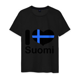 Мужская футболка хлопок с принтом Love Suomi в Курске, 100% хлопок | прямой крой, круглый вырез горловины, длина до линии бедер, слегка спущенное плечо. | Тематика изображения на принте: suomi | курорты | курорты финляндии | люблю финляндию | отдых | финляндия