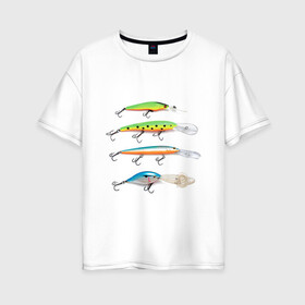 Женская футболка хлопок Oversize с принтом Приманки в Курске, 100% хлопок | свободный крой, круглый ворот, спущенный рукав, длина до линии бедер
 | для рыбаков | крючок | наживка | наживки | приманка | рыба | рыбак | рыбакам | рыбалка